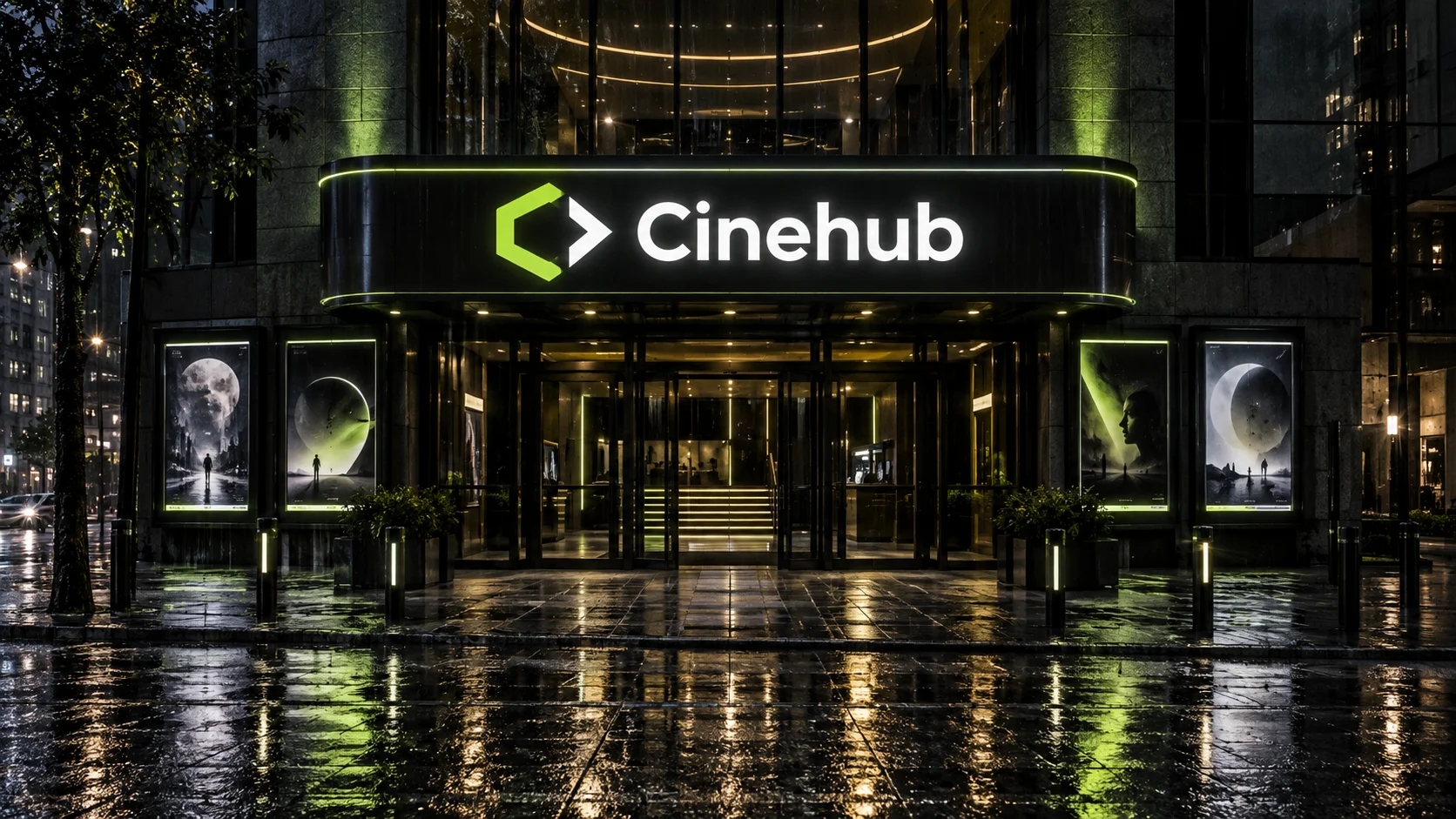 Original Cinehub artwork: a lime-and-white Cinehub sign above a cinema entrance at night